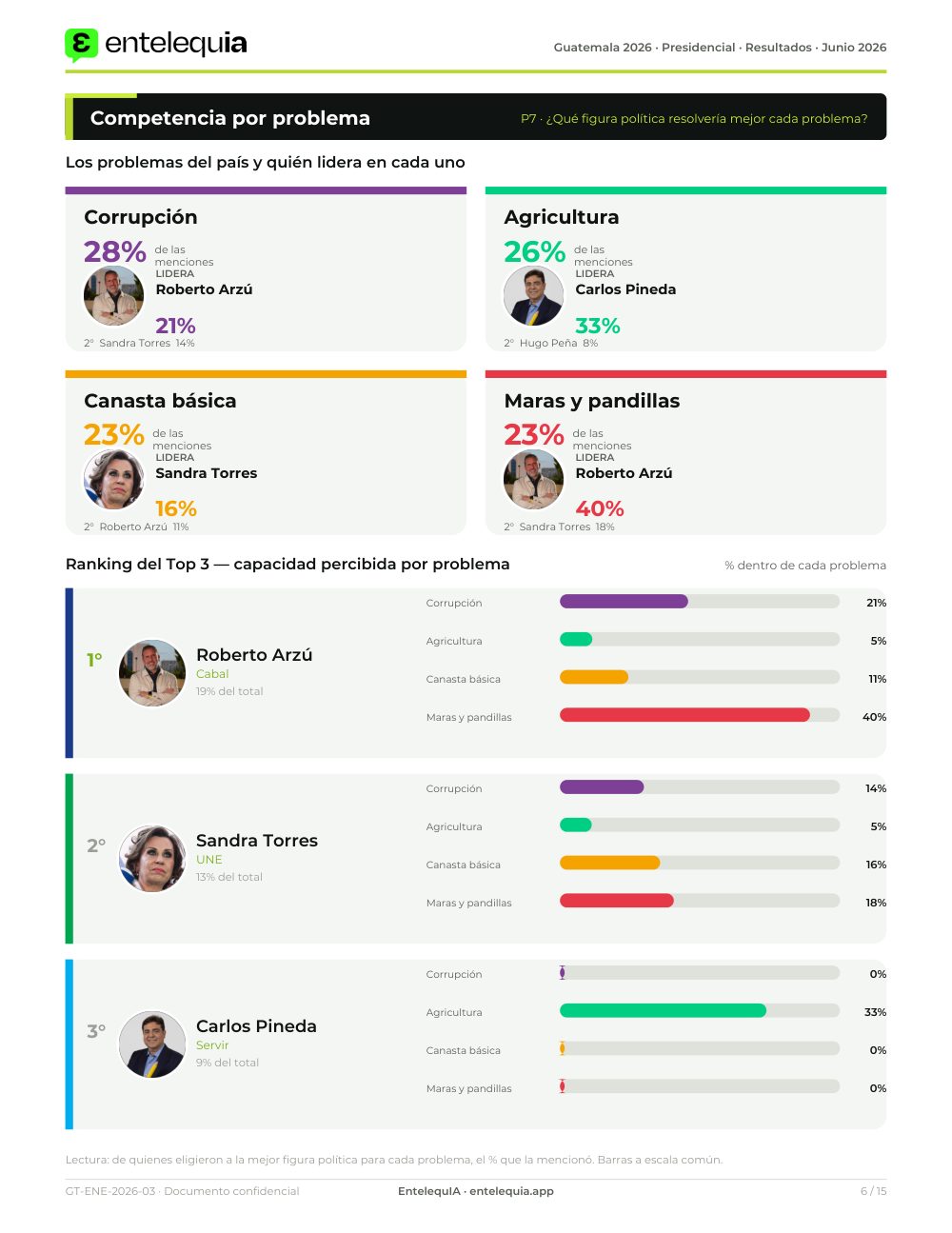 P&aacute;gina 6 &middot; Qui&eacute;n lidera cada problema &mdash; Radar Electoral &middot; Guatemala 2026 &mdash; Junio
